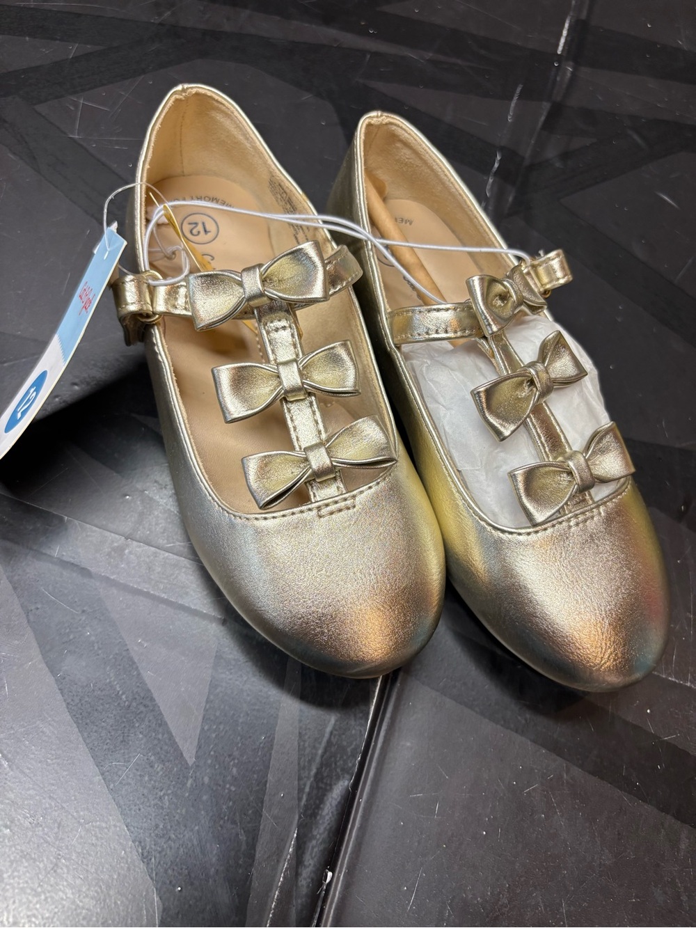 Cat & Jack Girls Metallic Gold Triple-Bow Mary Jane Shoes b158s